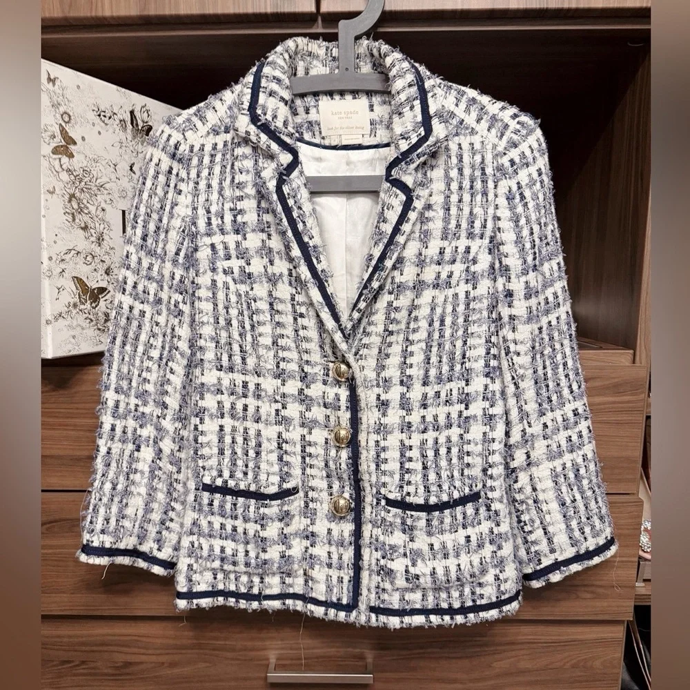Kate Spade Blue and White Tweed Collar Blazer Jacket 4/S